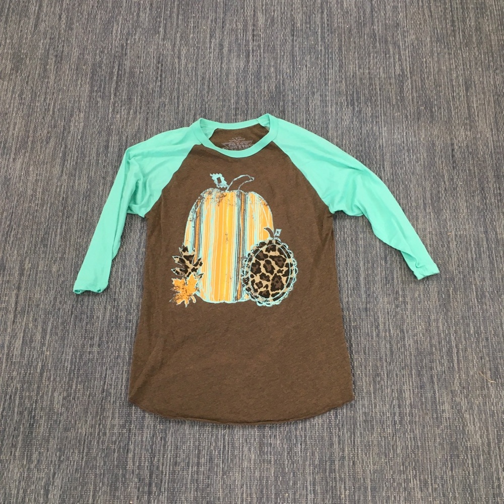 Raglan Sleeve Pumpkin Shirt - Brown and Aqua